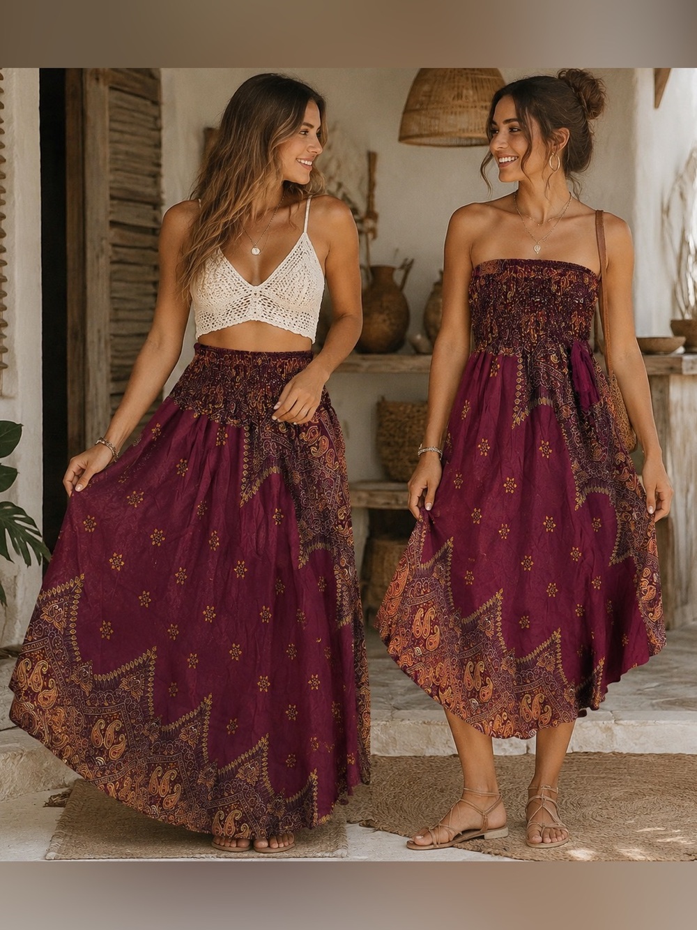 Boho Burgundy Convertible Smocked Maxi Skirt/Strapless Midi Dress Patchwork S/M